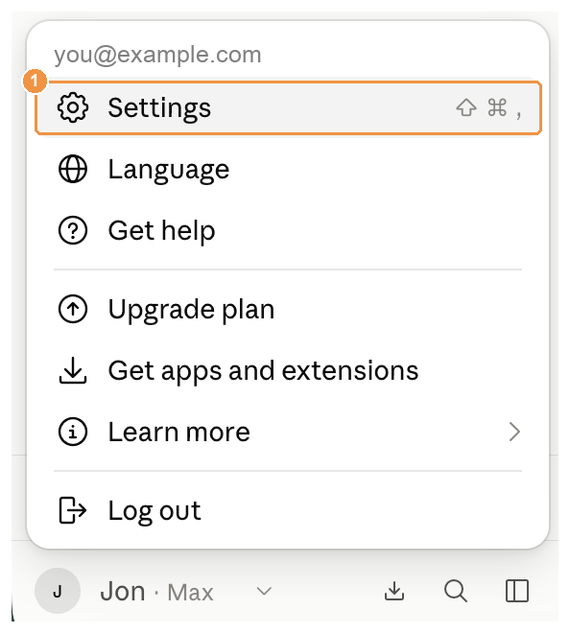 Profile menu with Settings