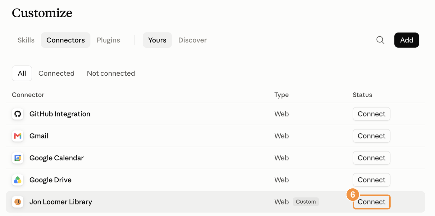 Connectors list showing Jon Loomer Library with a Connect button