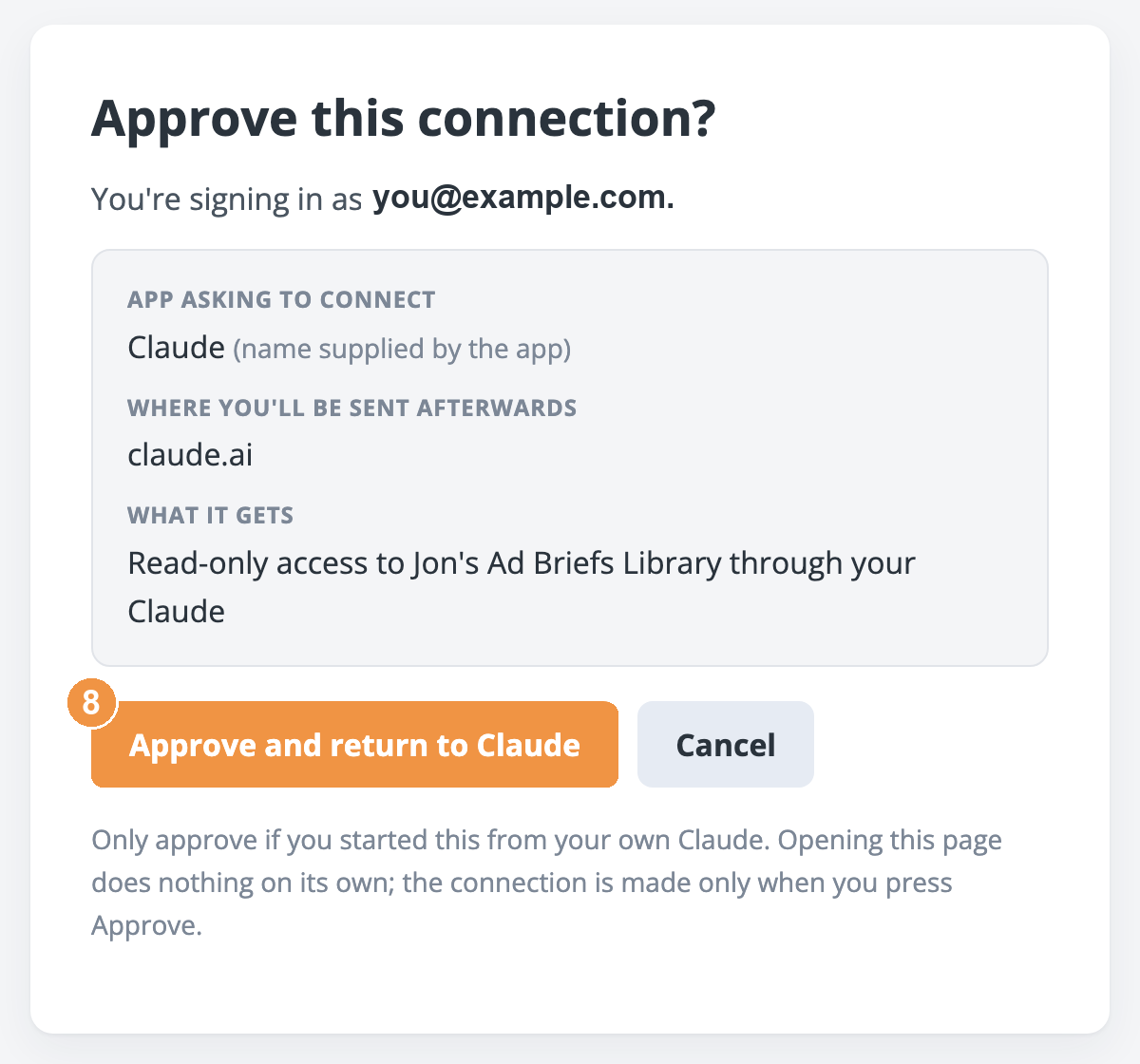 Approval page with the Approve and return to Claude button